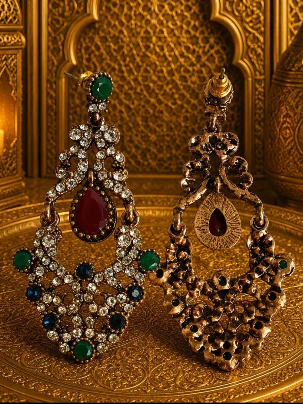 Turkish Pierced Gold Tone Pierced Earrings Emerald Sapphire Burgundy Clear Color